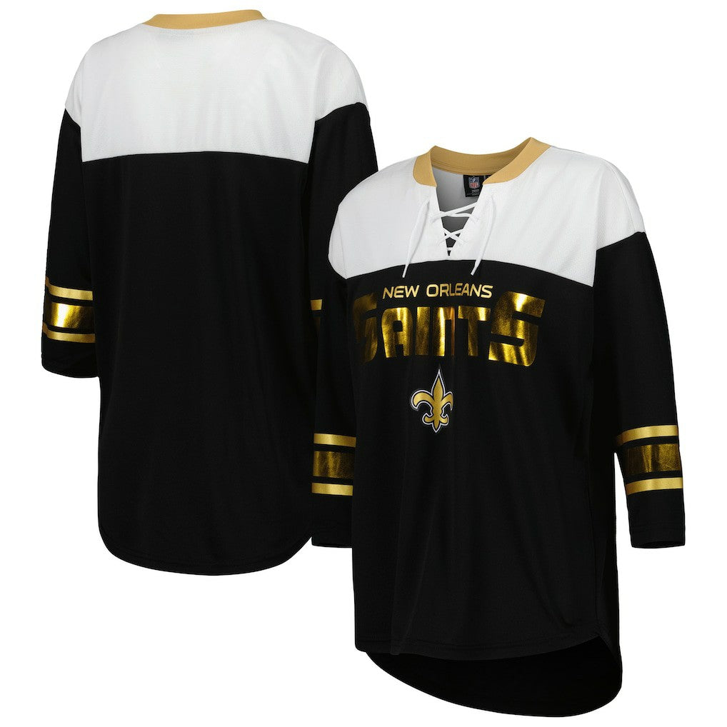 New Orleans Saints G-III 4Her by Carl Banks Women's Double Team 3/4-Sleeve Lace-Up T-Shirt Black/White