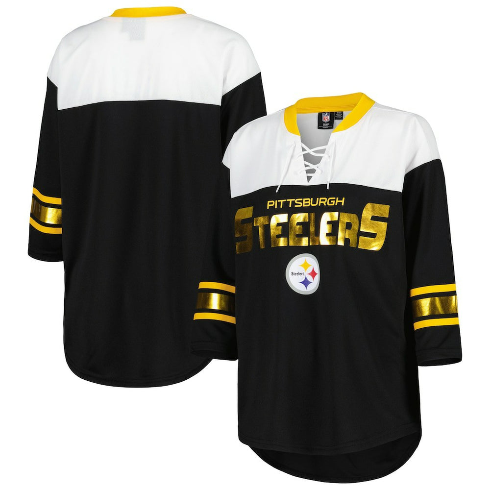 Pittsburgh Steelers G-III 4Her by Carl Banks Women's Double Team 3/4-Sleeve Lace-Up T-Shirt Black/White