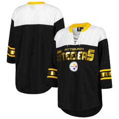 Pittsburgh Steelers G-III 4Her by Carl Banks Women's Double Team 3/4-Sleeve Lace-Up T-Shirt Black/White