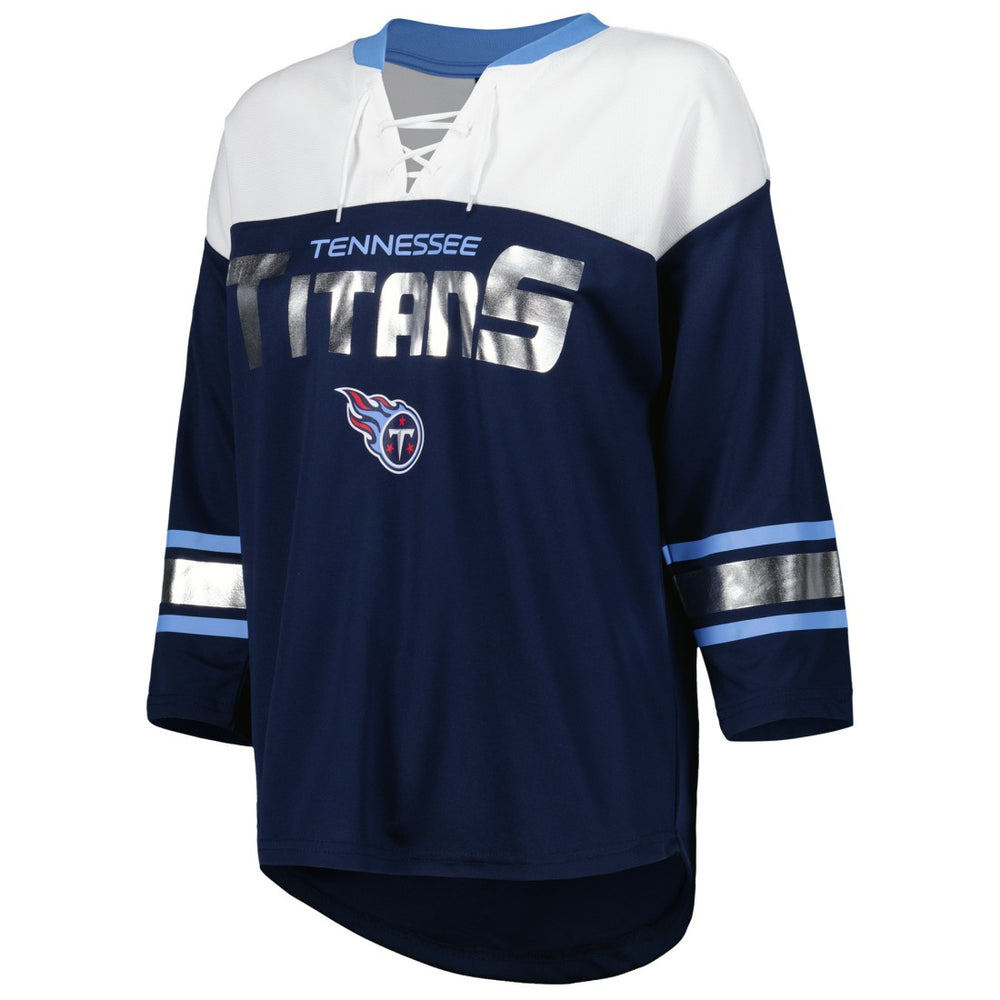 Tennessee Titans G-III 4Her by Carl Banks Women's Double Team 3/4-Sleeve Lace-Up T-Shirt Navy/White