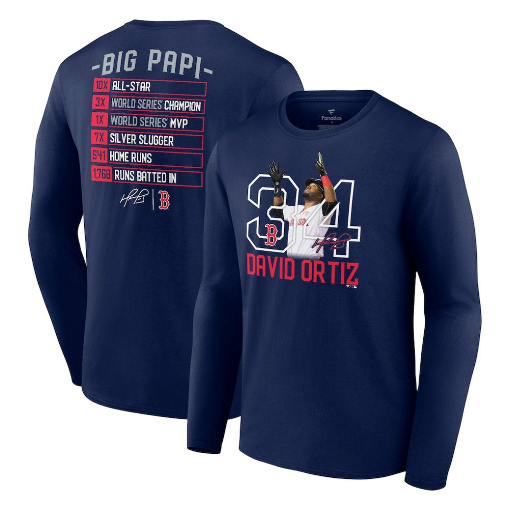 David Ortiz Boston Red Sox Fanatics Stats Resume Long Sleeve T-Shirt - Navy - Fanatics on Sale
