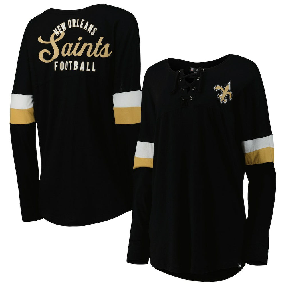 New Orleans Saints New Era Women's Athletic Varsity Lace-Up Lightweight Long Sleeve T-Shirt Black