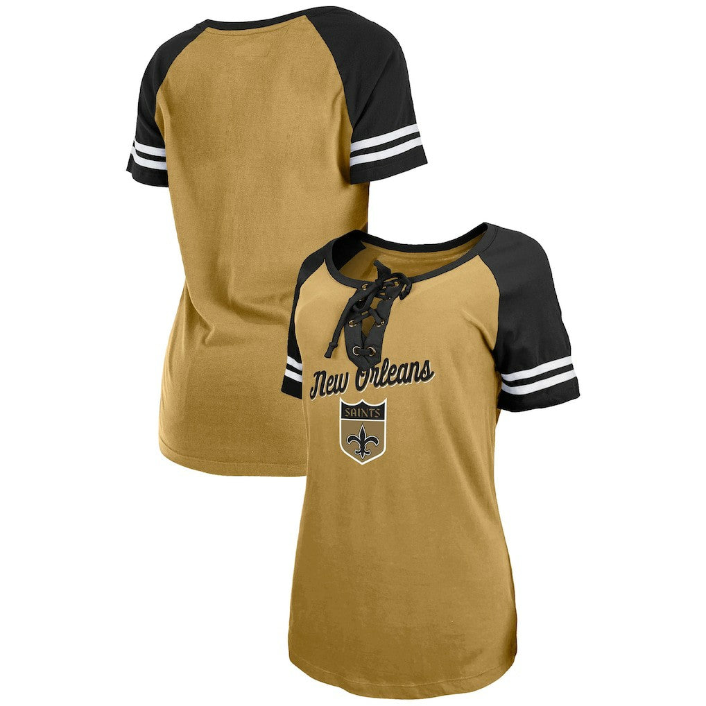 New Orleans Saints New Era Women's Legacy Lace-Up Raglan T-Shirt Gold/Black