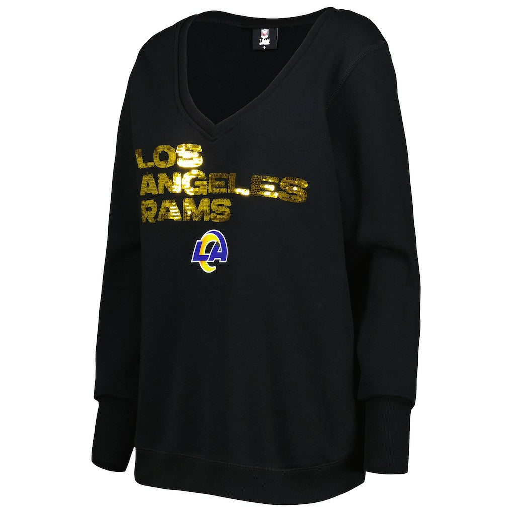 Los Angeles Rams Cuce Women's Sequin Logo V-Neck Pullover Sweatshirt Black