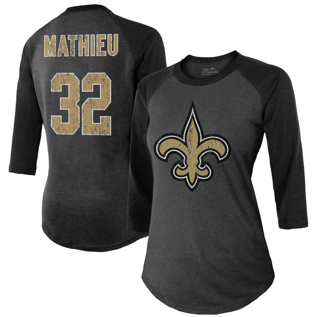 Tyrann Mathieu New Orleans Saints Majestic Threads Women's Name & Number Raglan 3/4 Sleeve T-Shirt Black