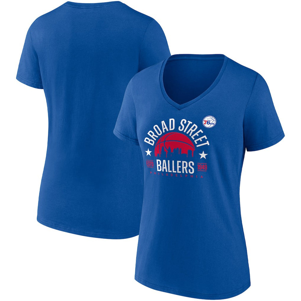 Philadelphia 76ers Women's Hometown Collection Broad Street Ballers V-Neck T-Shirt Royal | Fanatics US