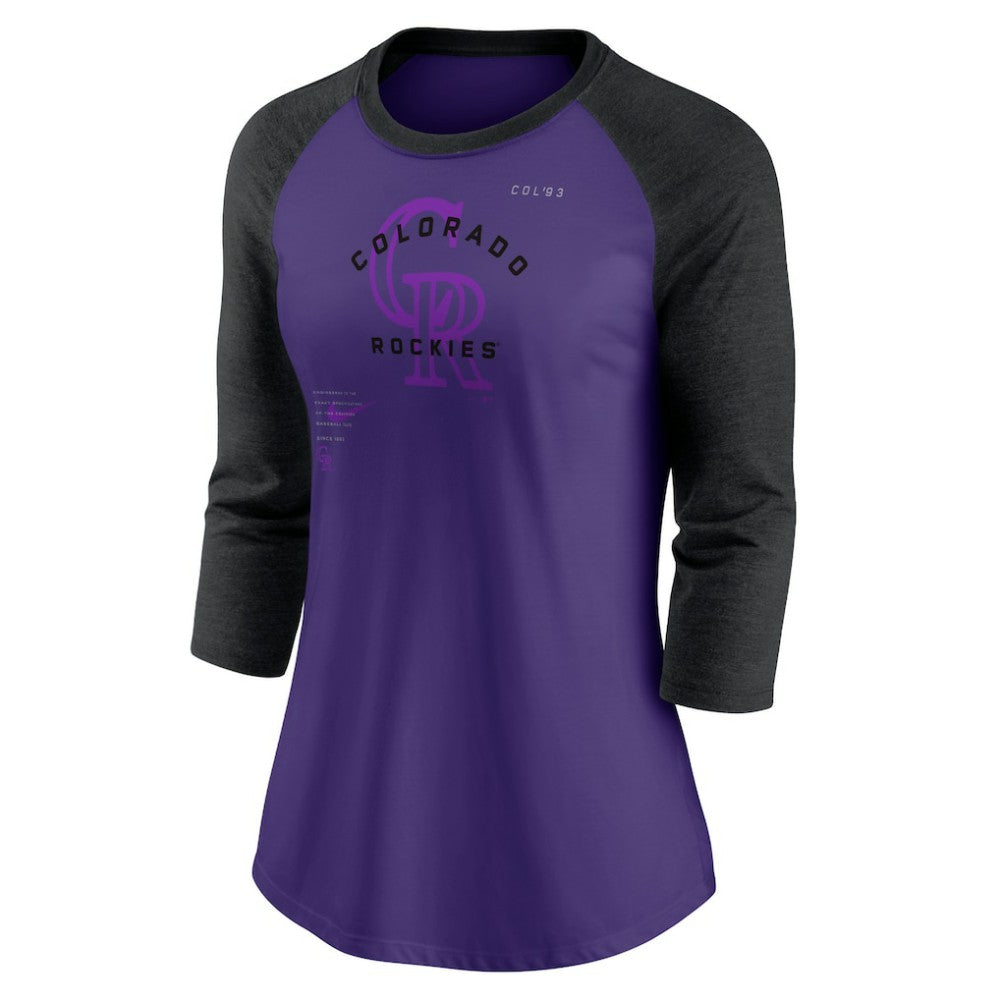 Colorado Rockies Nike Women's Next Up Tri-Blend Raglan 3/4-Sleeve T-Shirt - Purple/Black - Nike Online