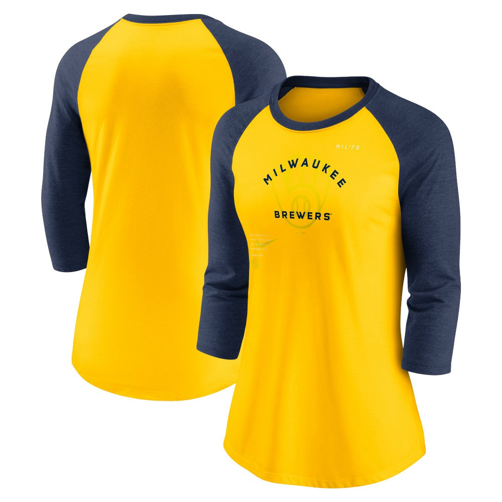 Milwaukee Brewers Nike Women's Next Up Tri-Blend Raglan 3/4-Sleeve T-Shirt - Gold/Navy - Nike Sale
