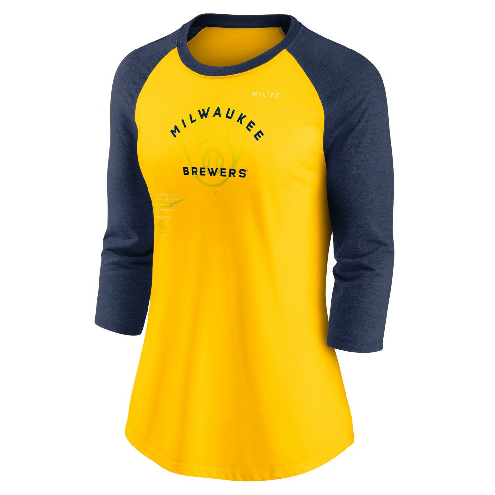 Milwaukee Brewers Nike Women's Next Up Tri-Blend Raglan 3/4-Sleeve T-Shirt - Gold/Navy - Nike Sale
