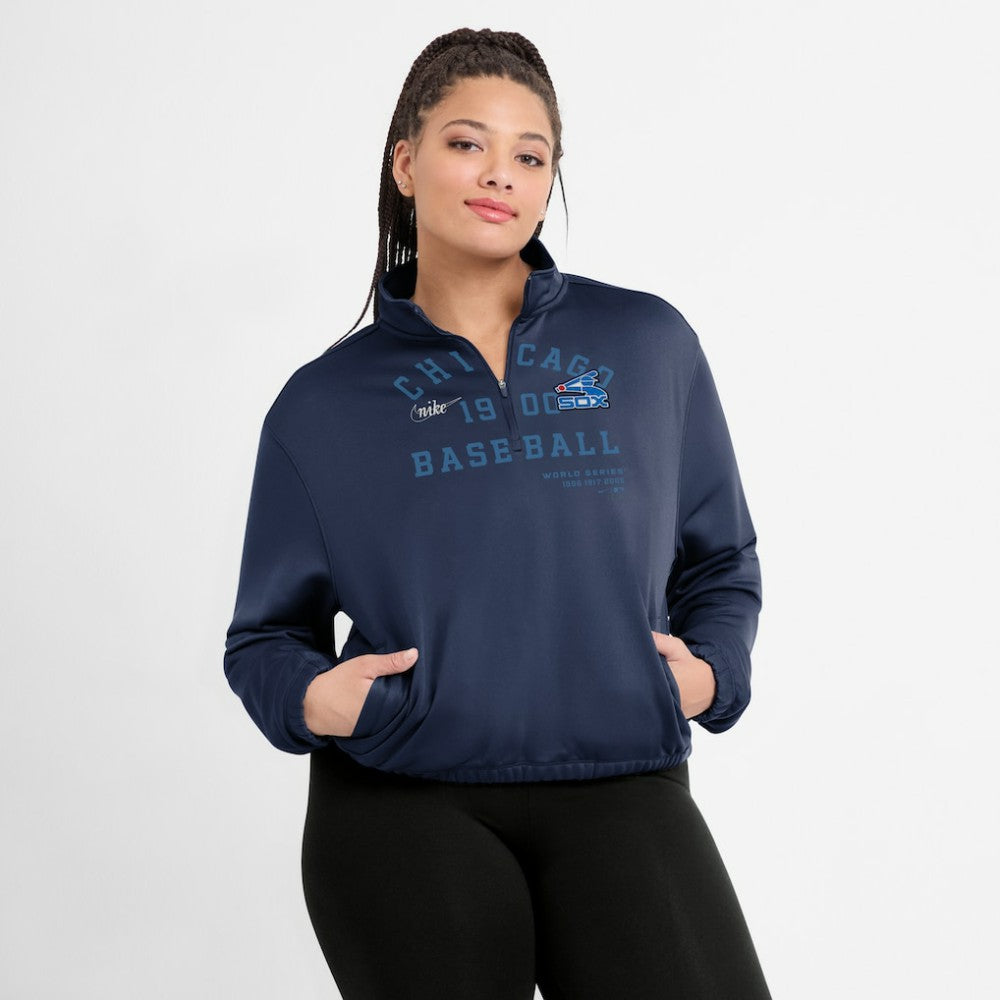 Chicago White Sox Nike Women's Rewind Splice Half-Zip Semi-Cropped Bubble Hem Sweatshirt - Navy - Nike on Sale