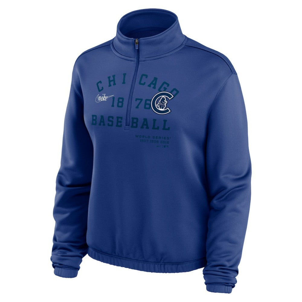 Chicago Cubs Nike Women's Rewind Splice Half-Zip Semi-Cropped Bubble Hem Sweatshirt - Royal - Nike Online