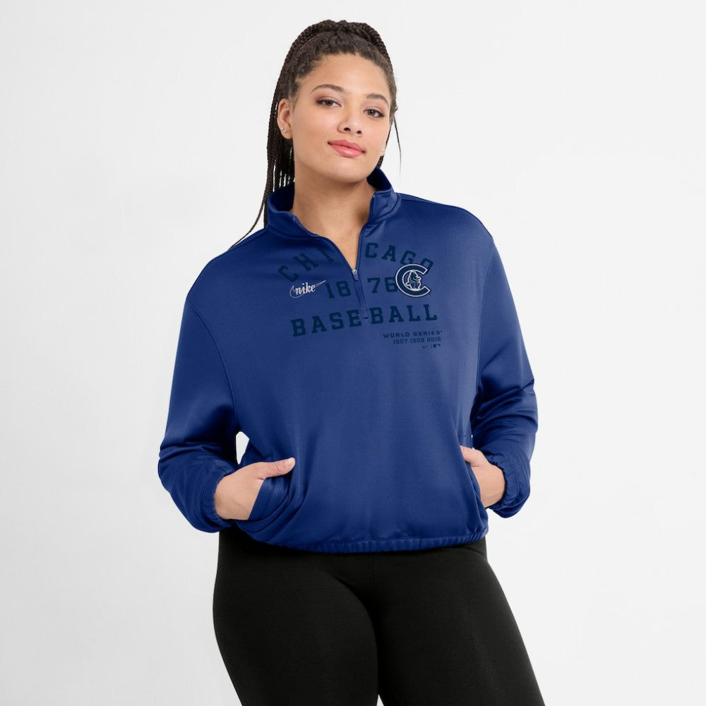 Chicago Cubs Nike Women's Rewind Splice Half-Zip Semi-Cropped Bubble Hem Sweatshirt - Royal - Nike Online