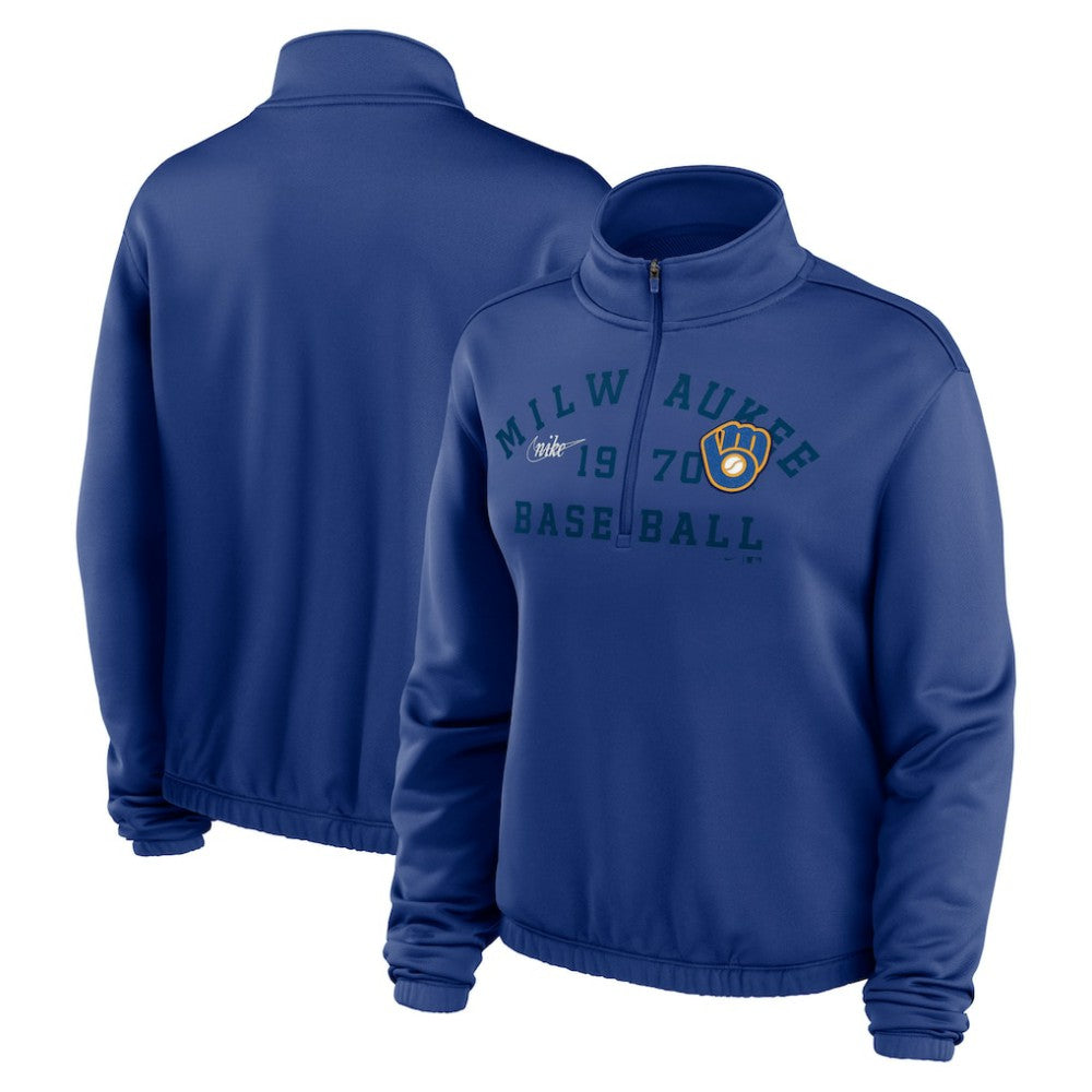 Milwaukee Brewers Nike Women's Rewind Splice Half-Zip Semi-Cropped Bubble Hem Sweatshirt - Royal - Nike Online