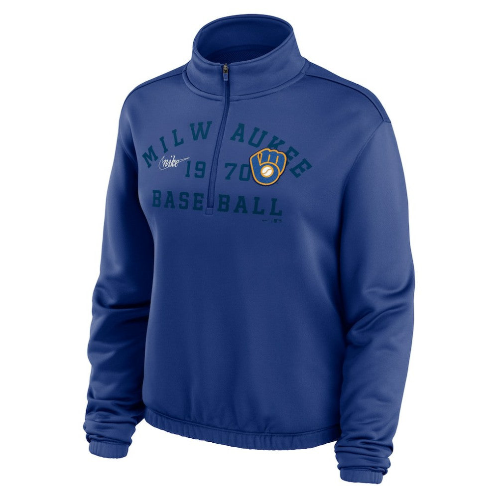 Milwaukee Brewers Nike Women's Rewind Splice Half-Zip Semi-Cropped Bubble Hem Sweatshirt - Royal - Nike Online