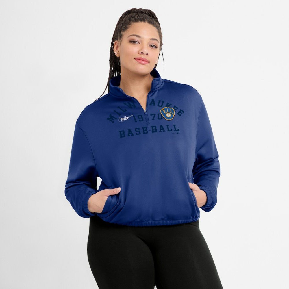 Milwaukee Brewers Nike Women's Rewind Splice Half-Zip Semi-Cropped Bubble Hem Sweatshirt - Royal - Nike Online