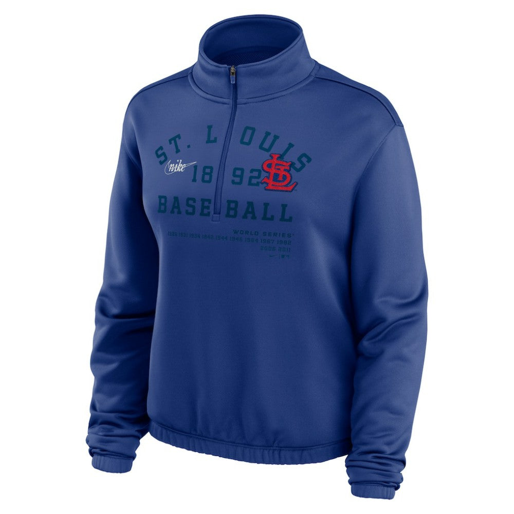 St. Louis Cardinals Nike Women's Rewind Splice Half-Zip Semi-Cropped Bubble Hem Sweatshirt - Royal - Nike Lifestyle