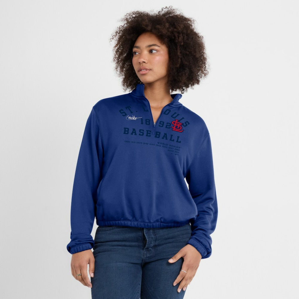 St. Louis Cardinals Nike Women's Rewind Splice Half-Zip Semi-Cropped Bubble Hem Sweatshirt - Royal - Nike Lifestyle