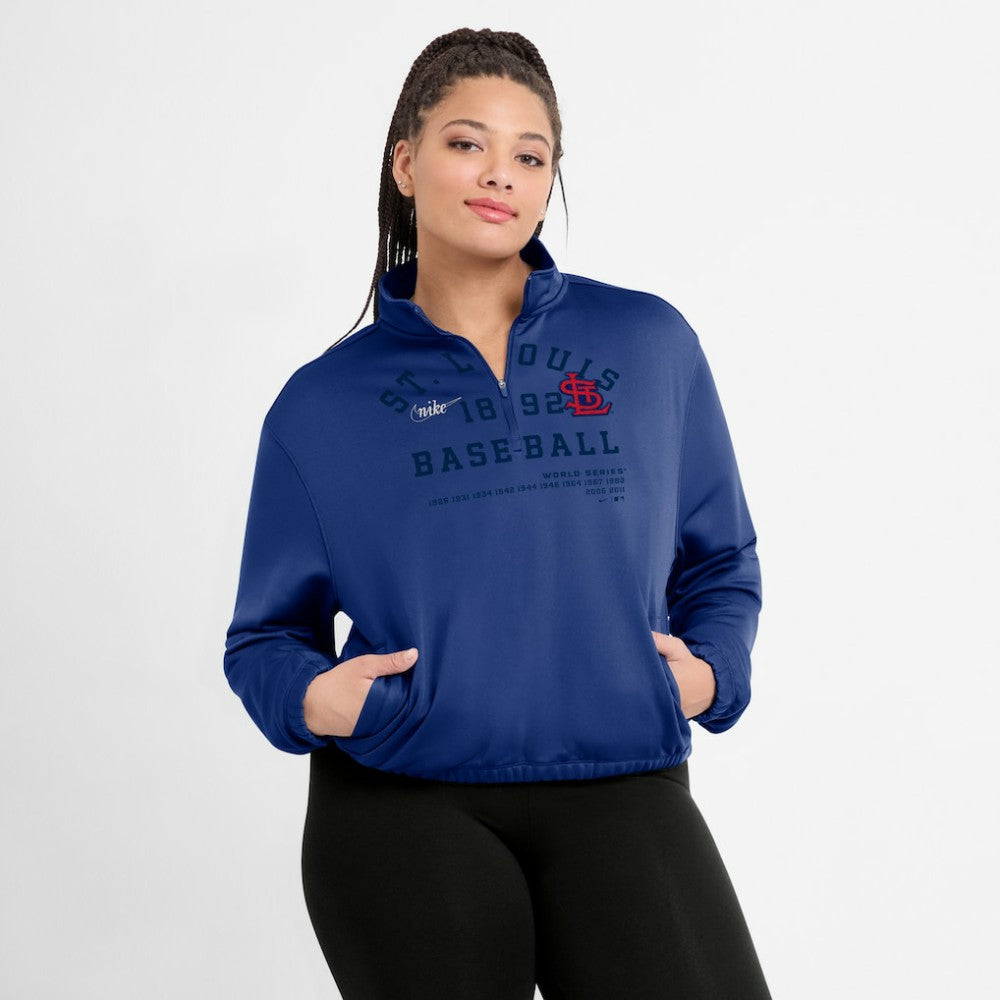 St. Louis Cardinals Nike Women's Rewind Splice Half-Zip Semi-Cropped Bubble Hem Sweatshirt - Royal - Nike Lifestyle