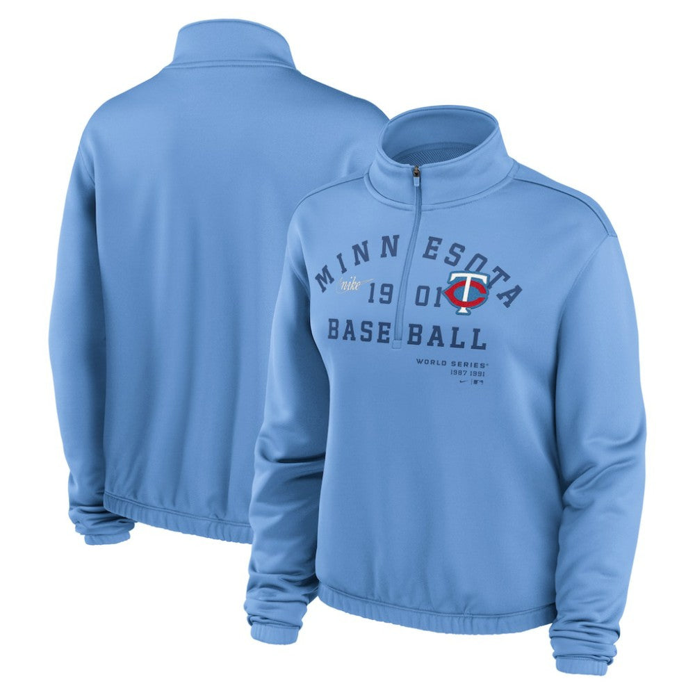 Minnesota Twins Nike Women's Rewind Splice Half-Zip Semi-Cropped Bubble Hem Sweatshirt - Light Blue - Nike Sale