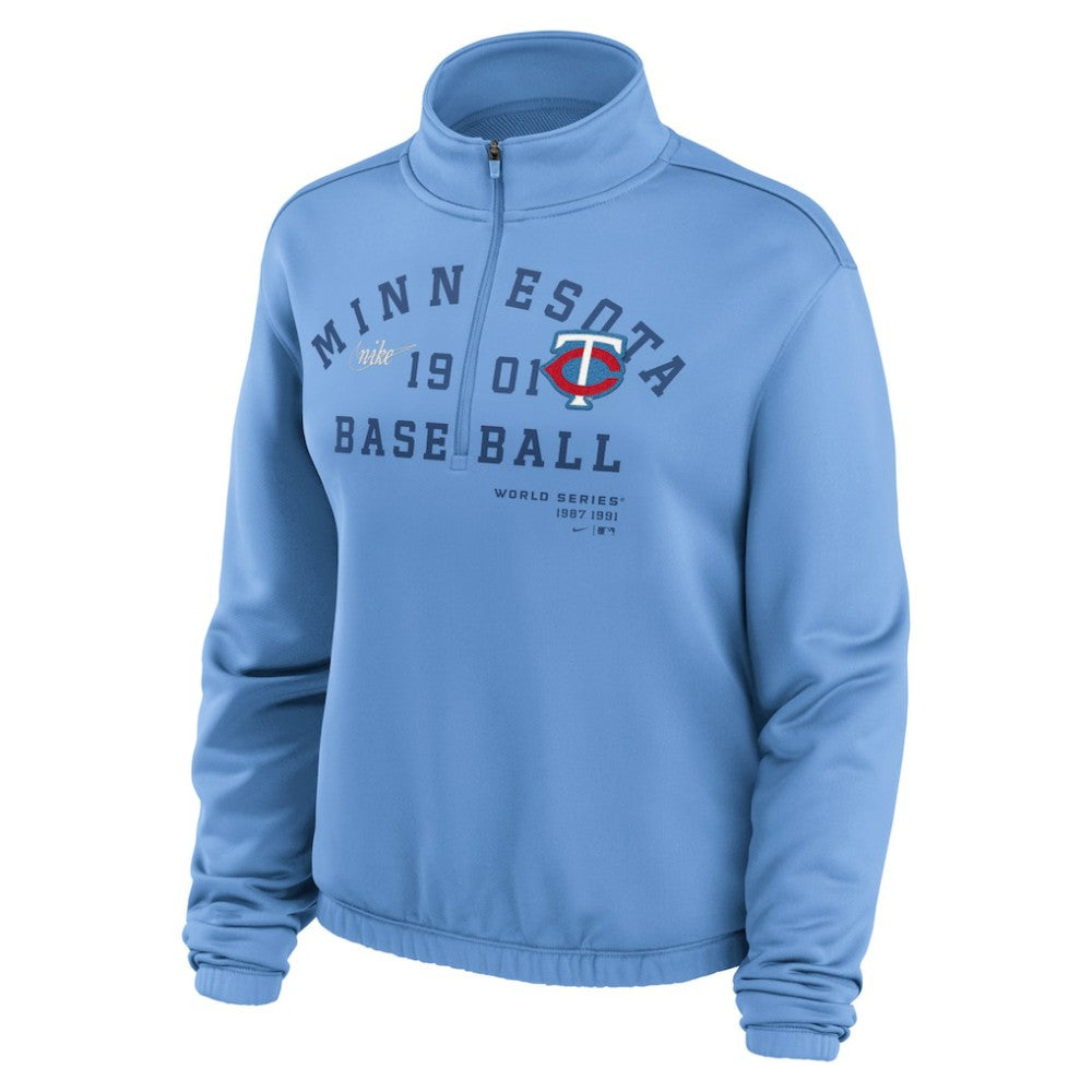 Minnesota Twins Nike Women's Rewind Splice Half-Zip Semi-Cropped Bubble Hem Sweatshirt - Light Blue - Nike Sale