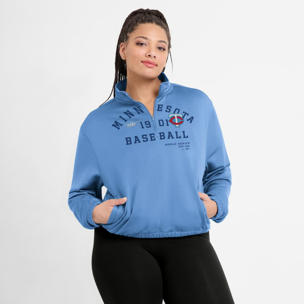 Minnesota Twins Nike Women's Rewind Splice Half-Zip Semi-Cropped Bubble Hem Sweatshirt - Light Blue - Nike Sale