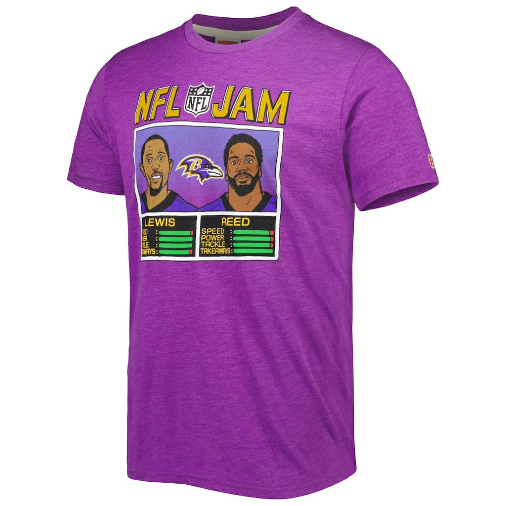 Ray Lewis & Ed Reed Baltimore Ravens Homage Unisex NFL Jam Retired Tri-Blend T-Shirt Heather Purple