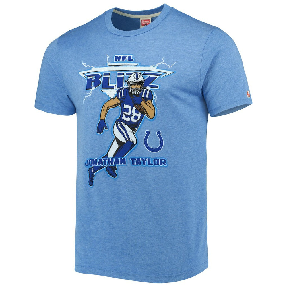 Jonathan Taylor Indianapolis Colts Homage Unisex NFL Blitz Player Tri-Blend T-Shirt Heathered Heather Royal