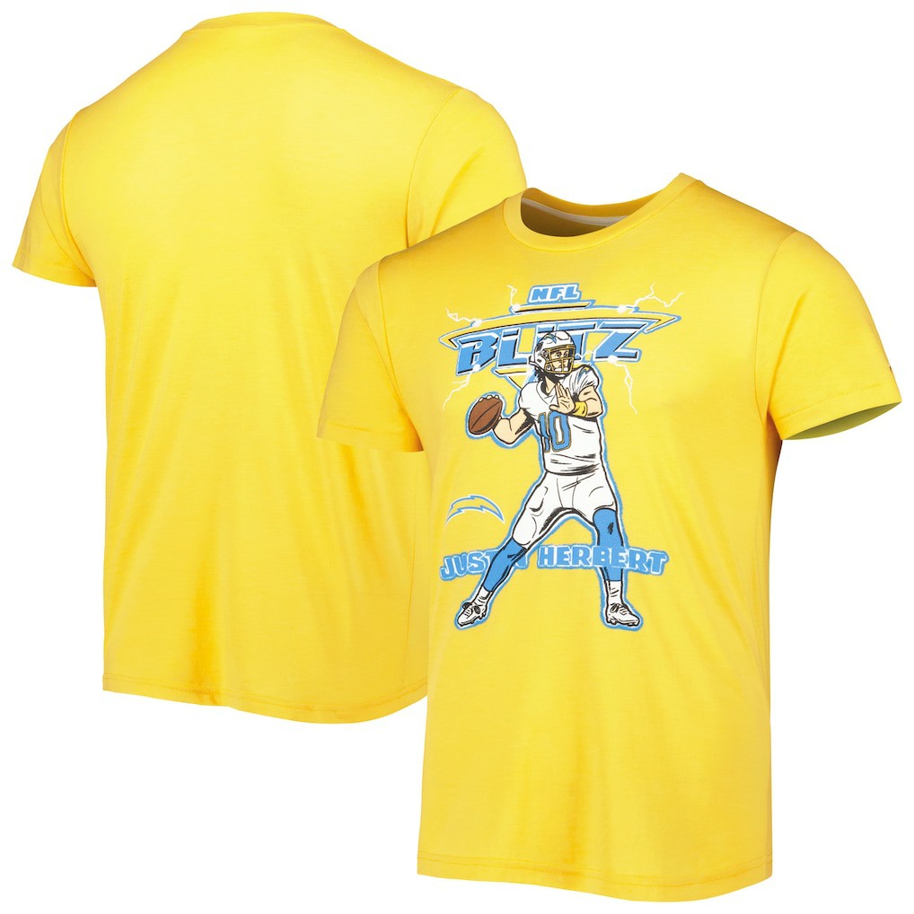Justin Herbert Los Angeles Chargers Homage Unisex NFL Blitz Player Tri-Blend T-Shirt Heather Gold