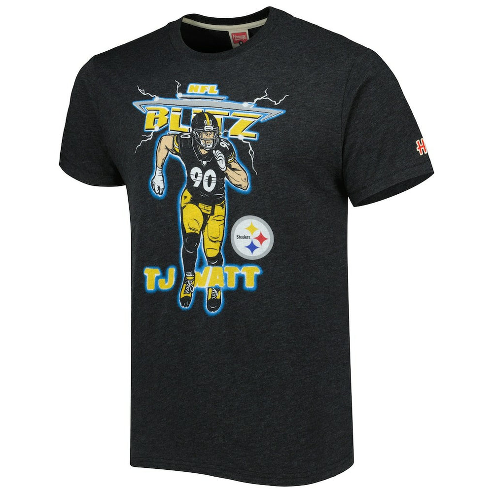 T.J. Watt Pittsburgh Steelers Homage Unisex NFL Blitz Player Tri-Blend T-Shirt Heathered Heather Charcoal