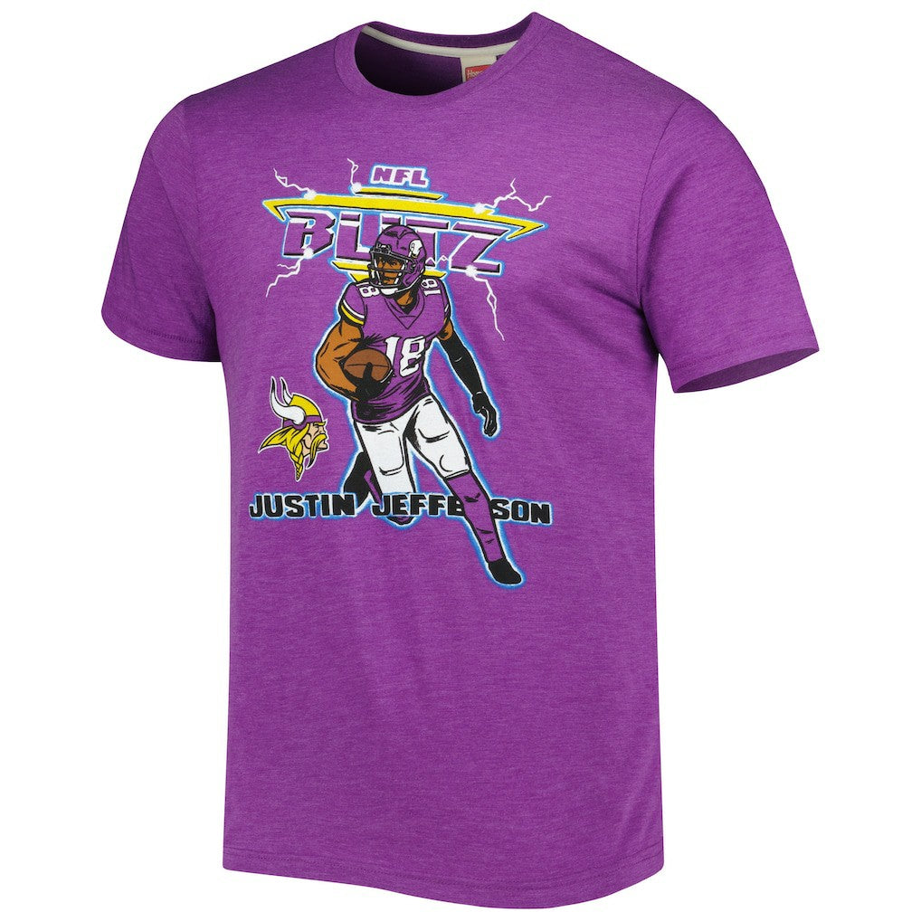 Justin Jefferson Minnesota Vikings Homage Unisex NFL Blitz Player Tri-Blend T-Shirt Heathered Heather Purple