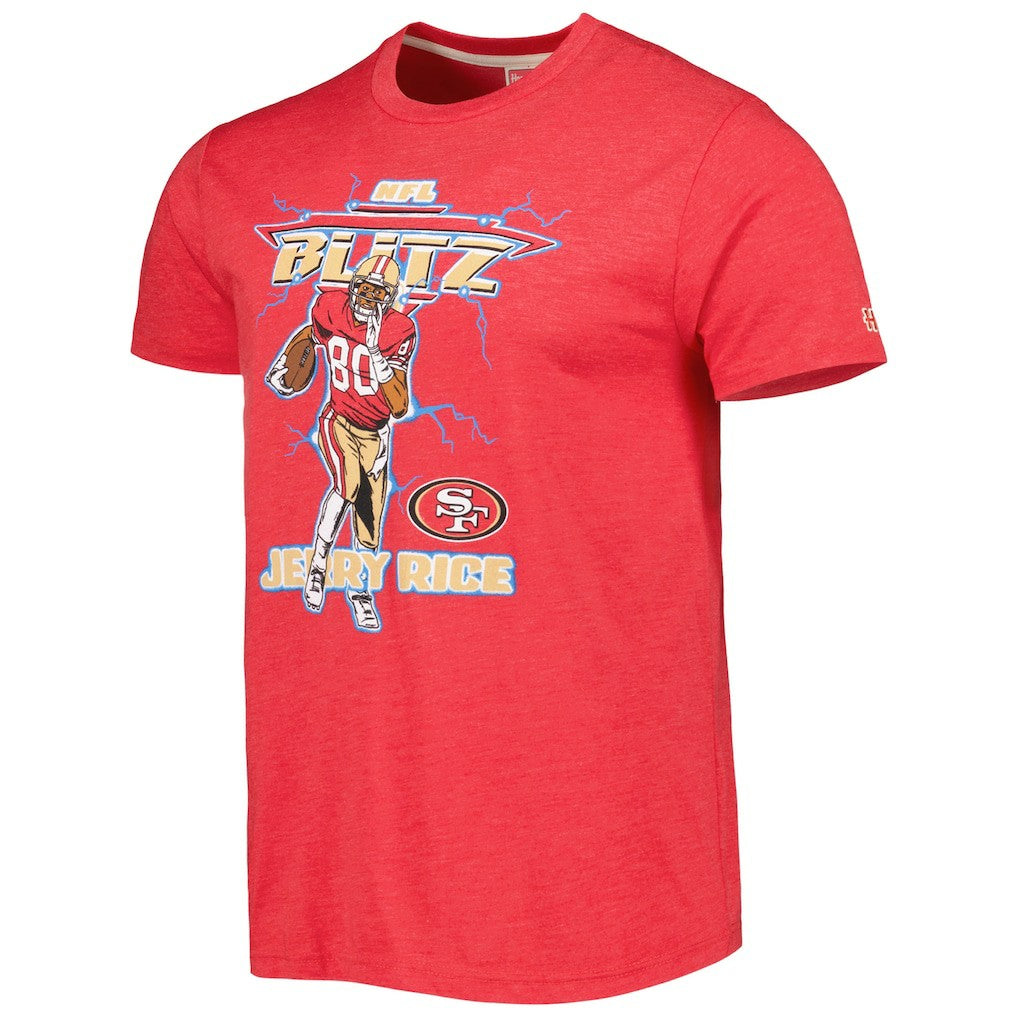 Jerry Rice San Francisco 49ers Homage Unisex NFL Blitz Retired Player Tri-Blend T-Shirt Heathered Scarlet