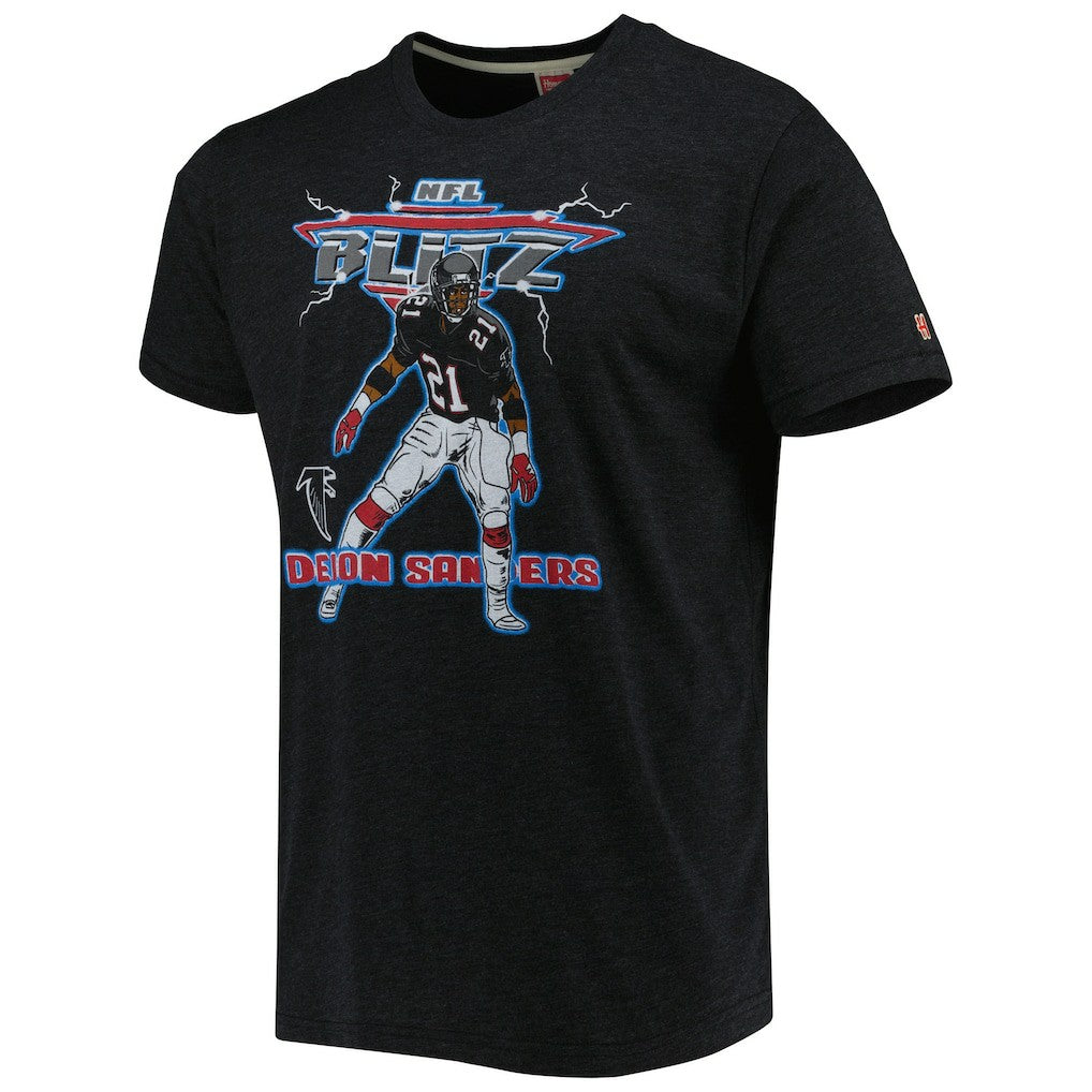 Deion Sanders Atlanta Falcons Homage Unisex NFL Blitz Retired Player Tri-Blend T-Shirt Heathered Heather Black