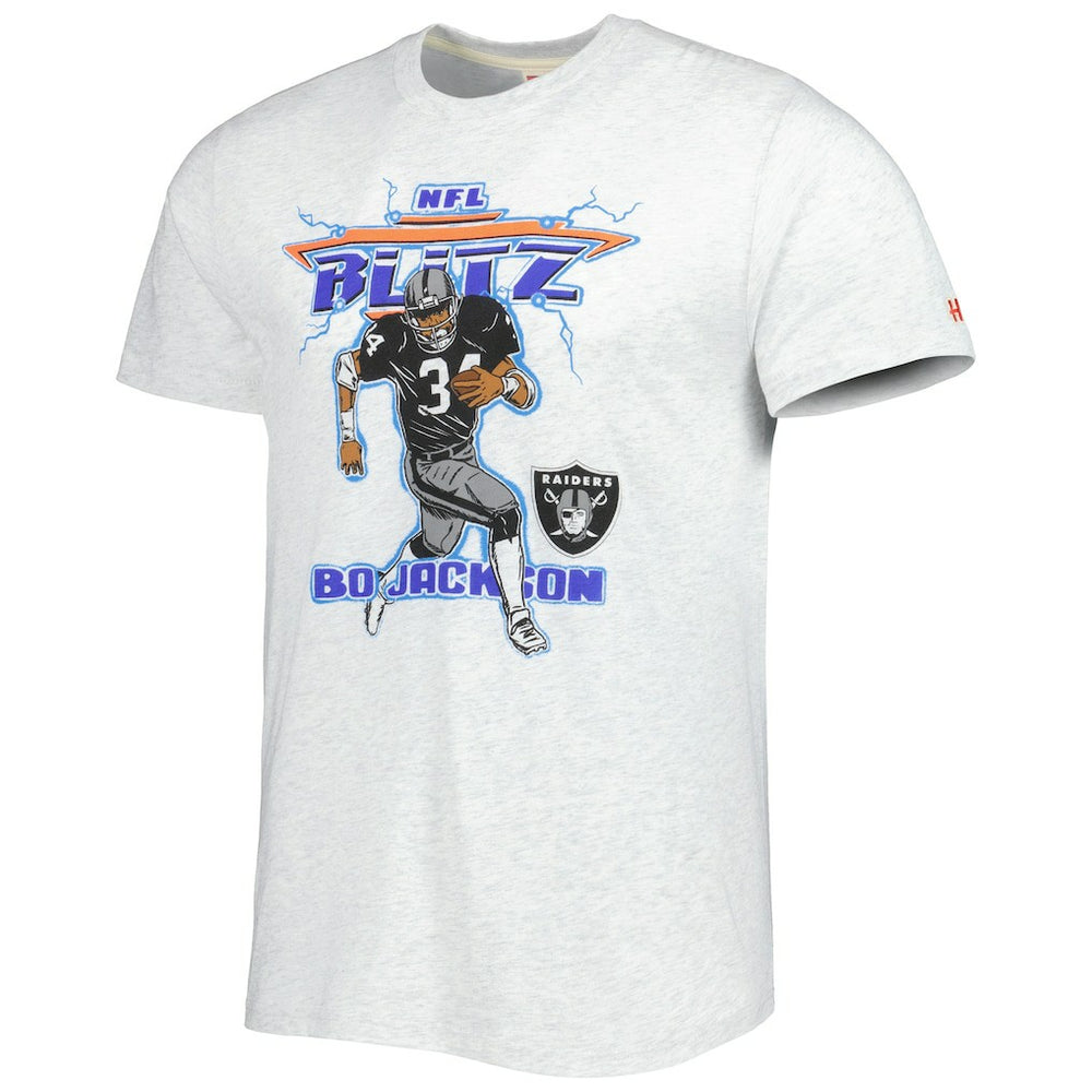 Bo Jackson Las Vegas Raiders Homage Unisex NFL Blitz Retired Player Tri-Blend T-Shirt Heathered Ash
