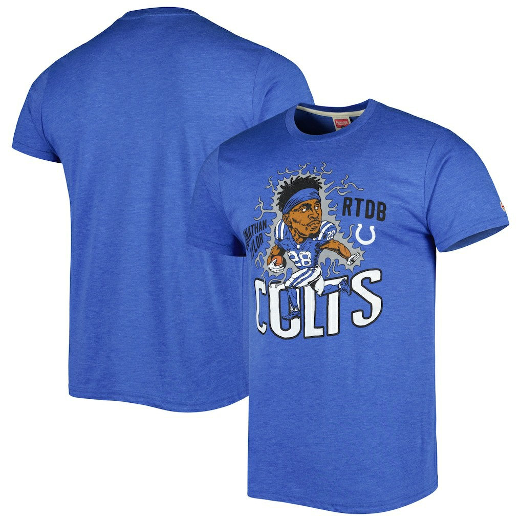 Jonathan Taylor Indianapolis Colts Homage Unisex Caricature Player Tri-Blend T-Shirt Heather Royal