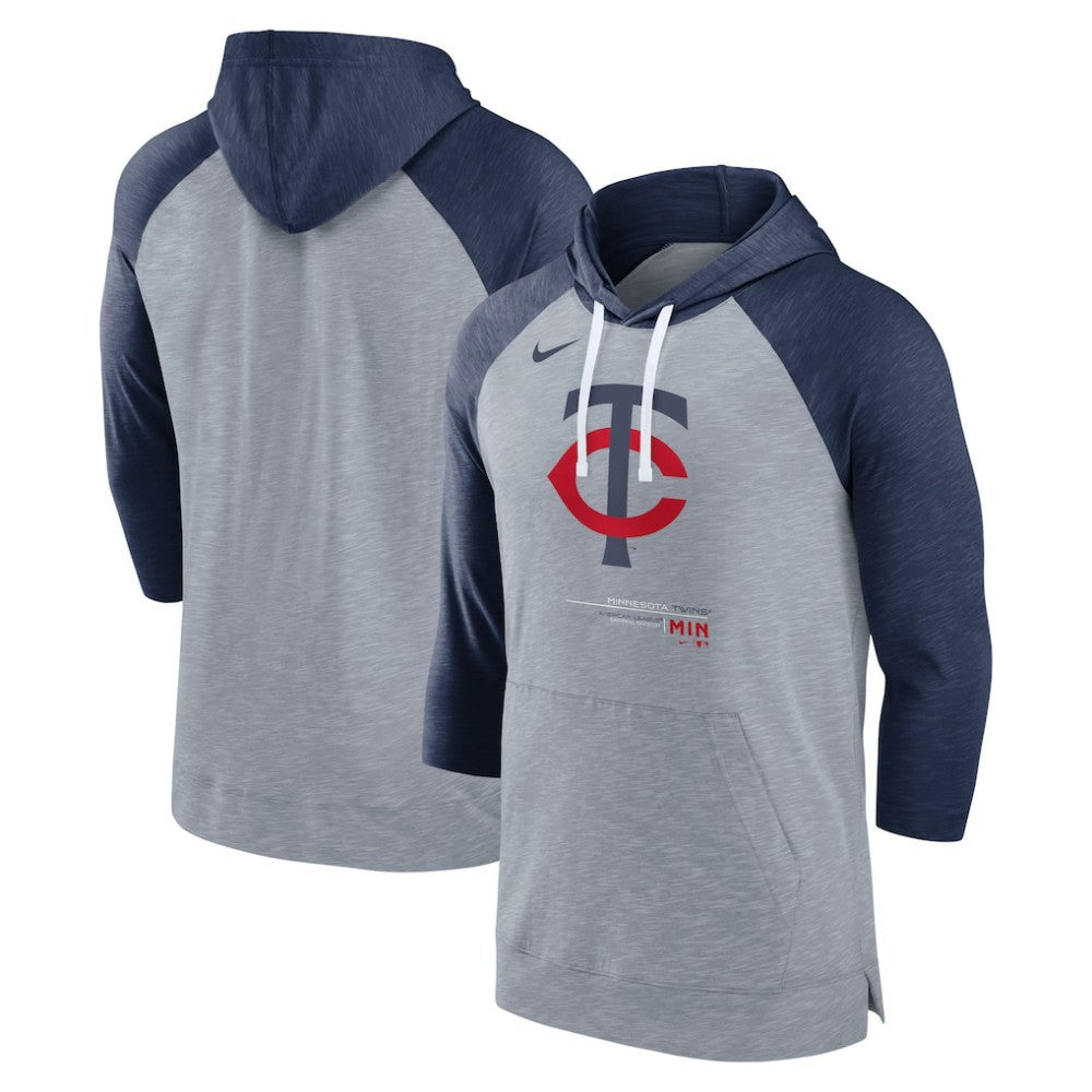 Minnesota Twins Nike Baseball Raglan 3/4-Sleeve Pullover Hoodie - Heather Gray/Heather Navy - Nike Discount