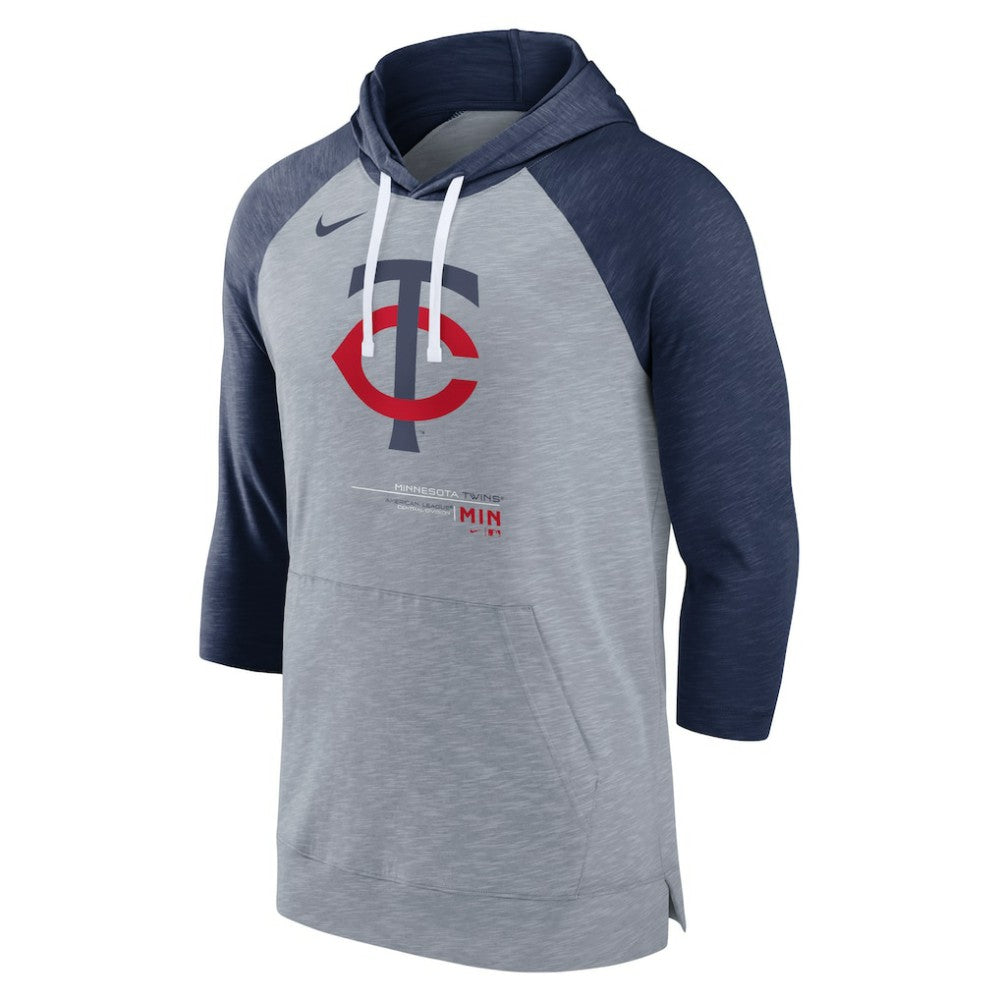 Minnesota Twins Nike Baseball Raglan 3/4-Sleeve Pullover Hoodie - Heather Gray/Heather Navy - Nike Discount
