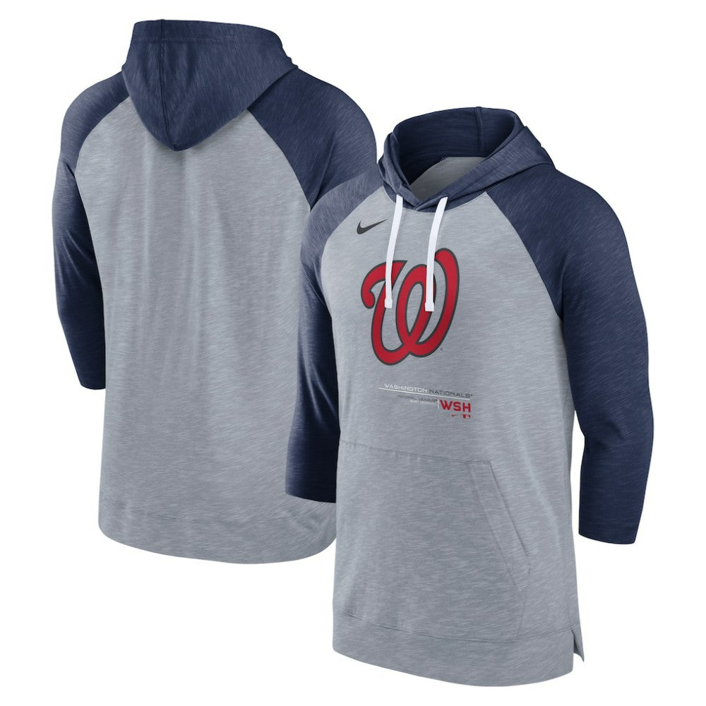 Washington Nationals Nike Baseball Raglan 3/4-Sleeve Pullover Hoodie - Heather Gray/Heather Navy - Nike Lifestyle