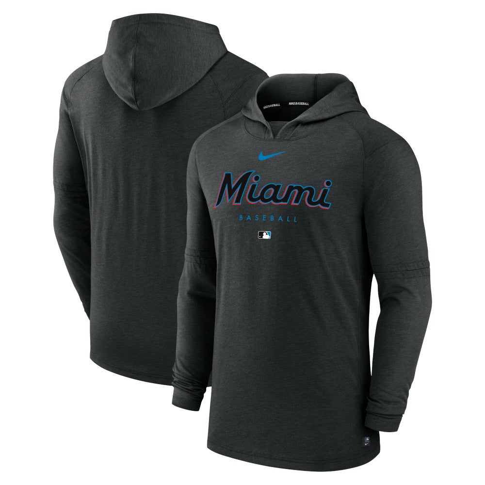 Miami Marlins Nike Authentic Collection Lightweight Dri-FIT Hooded Pullover - Heather Black - Nike Lifestyle