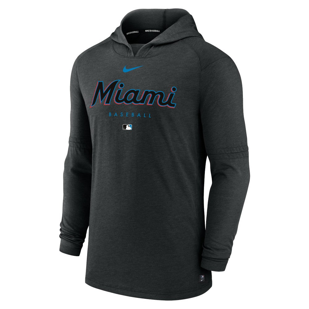 Miami Marlins Nike Authentic Collection Lightweight Dri-FIT Hooded Pullover - Heather Black - Nike Lifestyle
