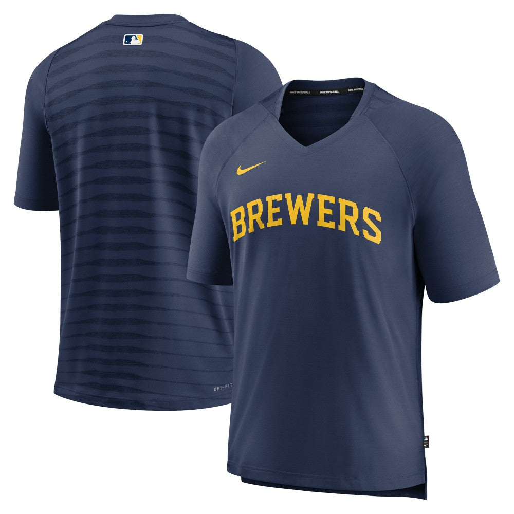 Milwaukee Brewers Nike Authentic Collection Pregame Raglan Performance V-Neck T-Shirt - Navy - Nike Online