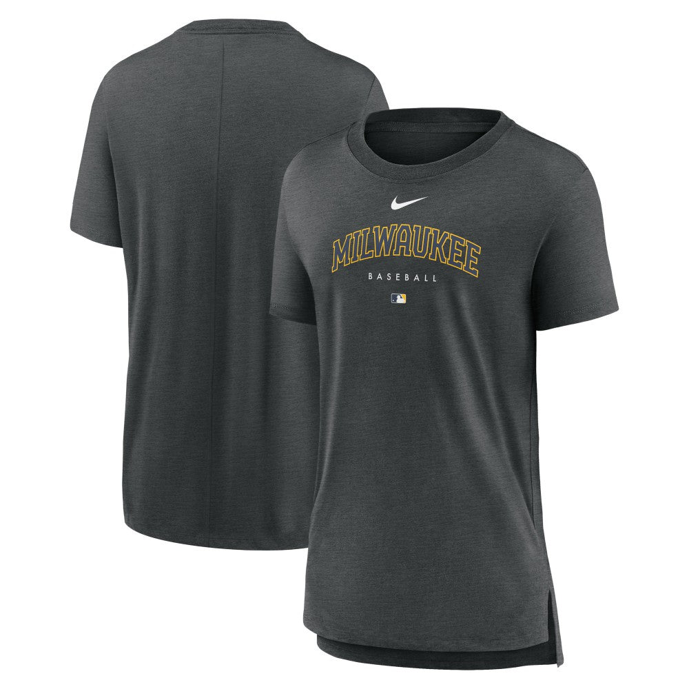 Milwaukee Brewers Nike Women's Authentic Collection Early Work Tri-Blend T-Shirt - Heather Charcoal - Nike Lifestyle