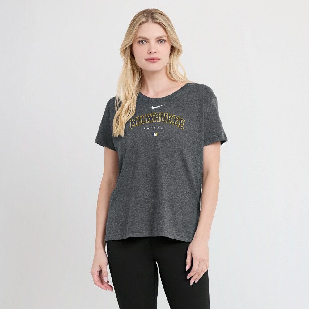 Milwaukee Brewers Nike Women's Authentic Collection Early Work Tri-Blend T-Shirt - Heather Charcoal - Nike Lifestyle