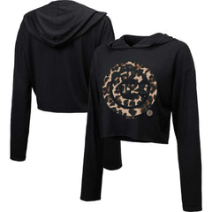 Chicago Cubs Majestic Threads Women's Leopard Cropped Hoodie - Black - MLB Discount