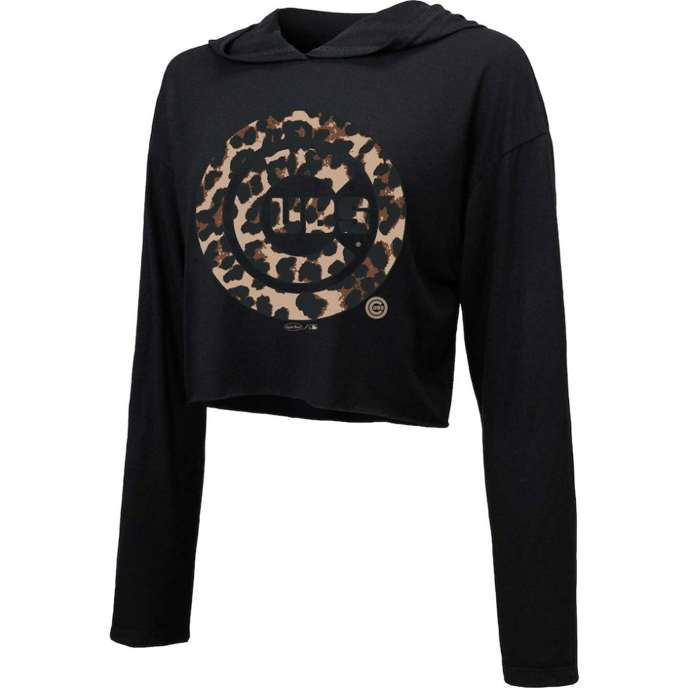 Chicago Cubs Majestic Threads Women's Leopard Cropped Hoodie - Black - MLB Discount