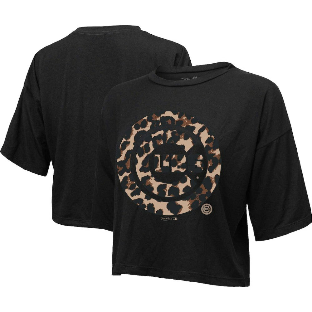 Chicago Cubs Majestic Threads Women's Leopard Cropped T-Shirt - Black - MLB Discount