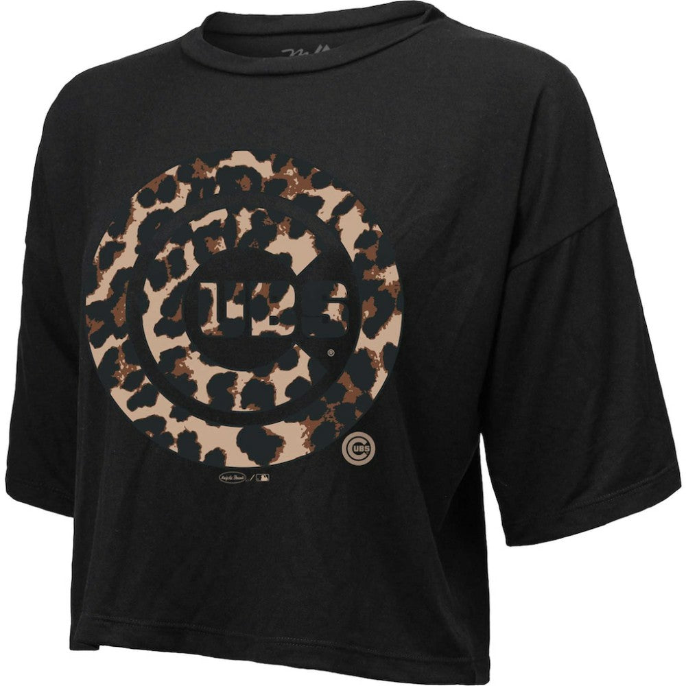 Chicago Cubs Majestic Threads Women's Leopard Cropped T-Shirt - Black - MLB Discount