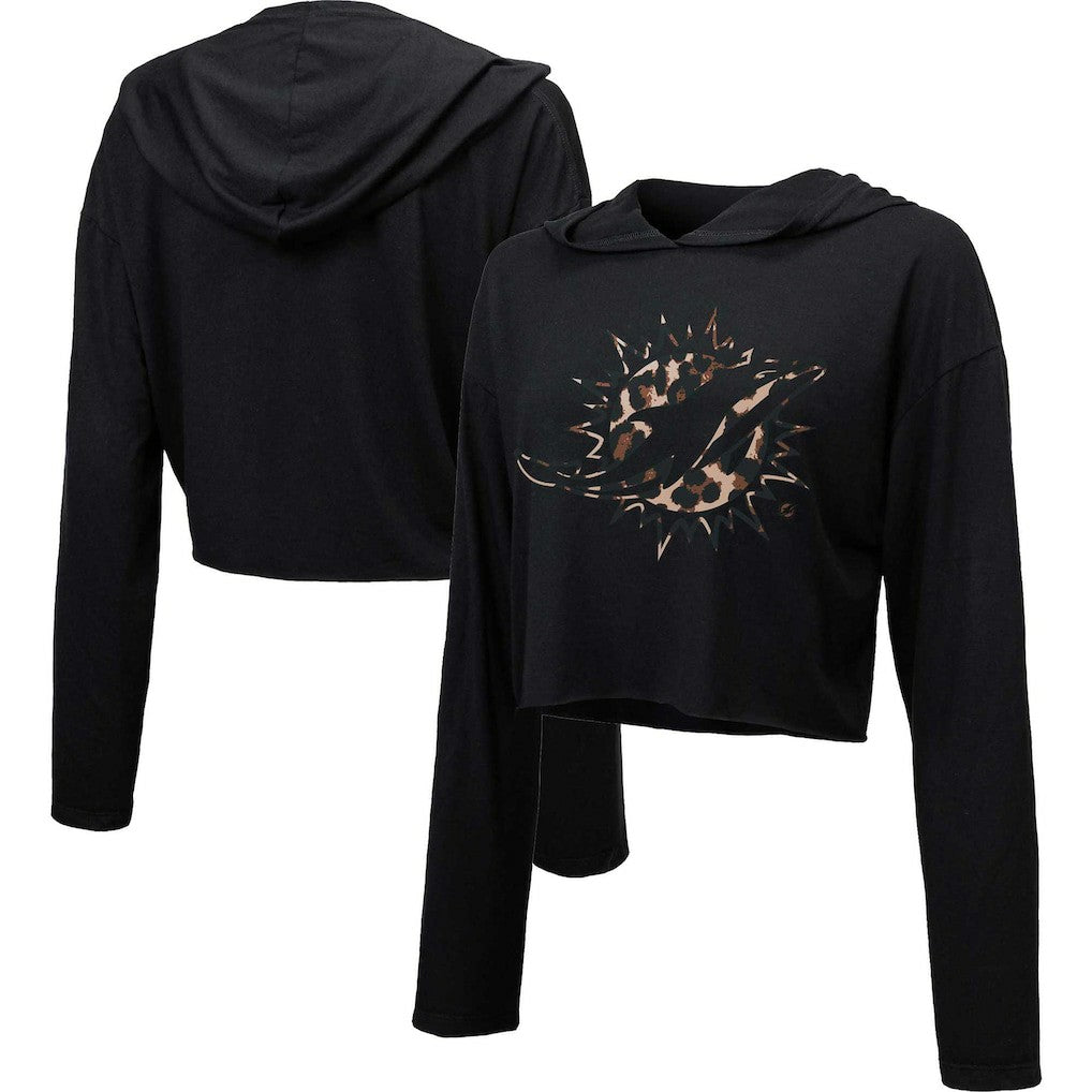 Miami Dolphins Majestic Threads Women's Leopard Cropped Pullover Hoodie Black