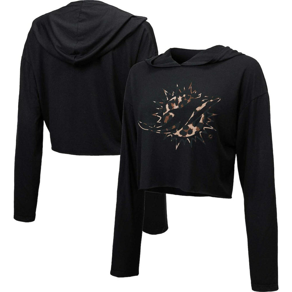 Miami Dolphins Majestic Threads Women's Leopard Cropped Pullover Hoodie Black