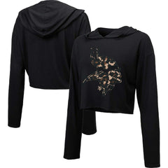 Minnesota Vikings Majestic Threads Women's Leopard Cropped Pullover Hoodie Black