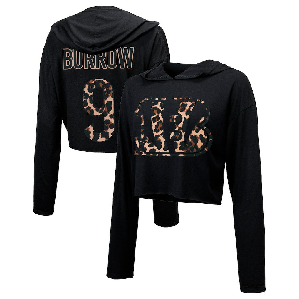 Joe Burrow Cincinnati Bengals Majestic Threads Women's Leopard Player Name & Number Long Sleeve Cropped Hoodie Black